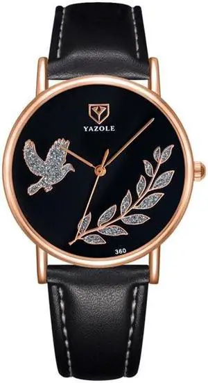 YAZOLE 360 Leather Band Dove of Peace Diamond Lady Watch (Black+Black)