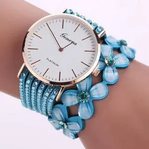 Women Round Dial Flower Diamond Studs Bracelet Watch (Light Blue)