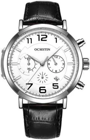 Ochstin 6105 Multi Function Watch Business Leisure Men  Watch Waterproof Timing Quartz Watch Belt Watch (Silvery White)