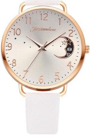 Ladies Moon Pattern Dial PU Strap Quartz Watch, Color: White White