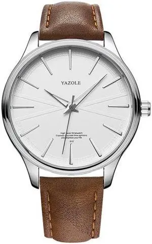 YAZOLE 512 Casual Quartz Men Watch (Silver Shell White Tray Brown Belt)