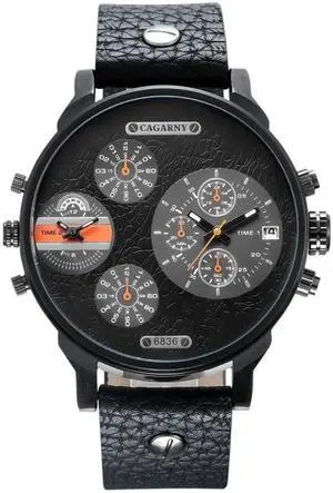 CAGARNY 6836 Fashion Waterproof Dual Quartz Movement Wrist Watch with Leather Band
