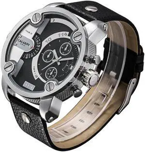 CAGARNY 6818 Fashionable DZ Style Large Dial Dual Clock Quartz Movement Sport Wrist Watch with Leather Band & Calendar Function for Men (Style 4)