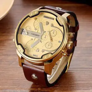 CAGARNY 6820 Round Large Dial Leather Band Quartz Dual Movement Watch For Men (Gold Surface Dark Brown Band)