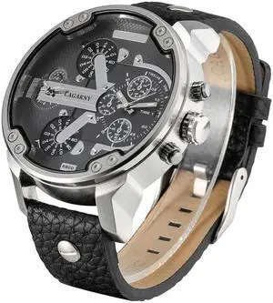 CAGARNY 6820 Fashionable Multifunctional Style Quartz Business Sport Wrist Watch with Leather Band & GMT Time & Calendar & Luminous Display for Men (Black)