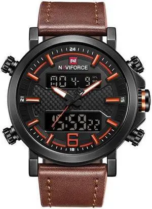 NAVIFORCE 9135 Sport Watch Leather Waterproof Quartz Watches Date LED Analog Clock for Men