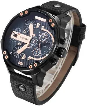 CAGARNY 6820 Round Large Dial Leather Band Quartz Dual Movement Watch For Men (Black Shell Black Between Rose Gold Black Band)