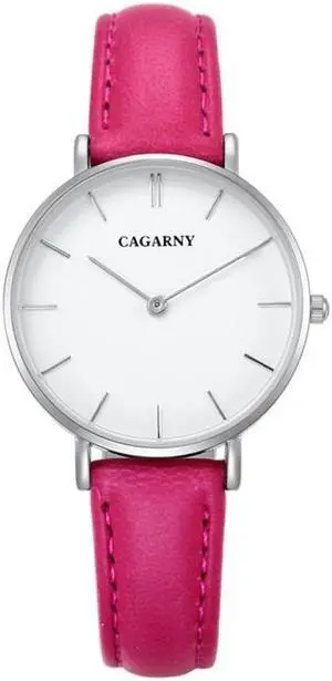 CAGARNY 6872 Living Waterproof Round Dial Quartz Movement Alloy Silver Case Fashion Watch Quartz Watches with Leather Band (Magenta)