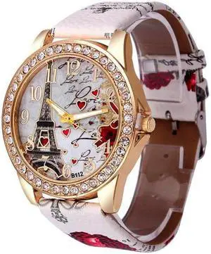 Eiffel Tower + Heart Pattern Leather Strap Quartz Watch for Women (White)