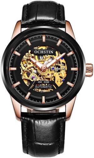 Ochstin 2002C Men  Automatic Hollow Leather Mechanical Watch Business Waterproof Night Light Men Watch Mechanical Watch(Black) (Black)
