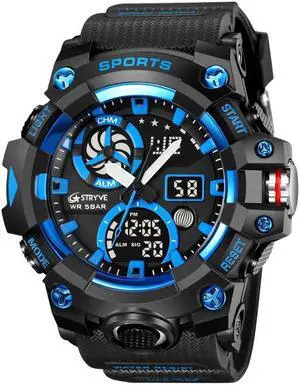 STRYVE S8027 Sports Multifunctional Luminous Dual Display Chronograph Student Watch (Black Blue)