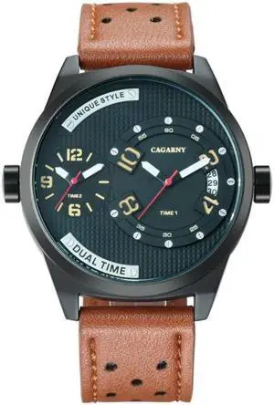 CAGARNY 6816 Living Waterproof Round Dial Dual Quartz Movement Alloy Case Fashion Watch Quartz Watches with Leather Band (Yellow)