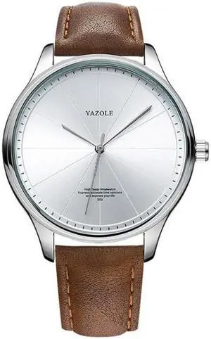 YAZOLE 503 Simple Line Pattern Dial Men Quartz Watch (Silver Shell White Tray Brown Belt)