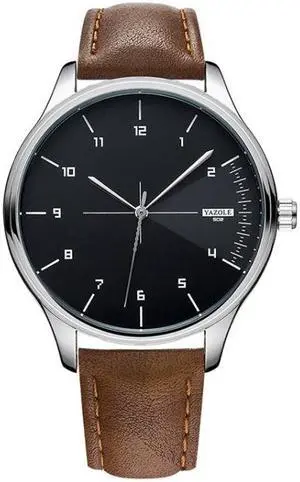 YAZOLE 502 Arabic Numerals Men Business Watch Fashion Quartz Watch (Silver Shell Black Tray Brown Belt)