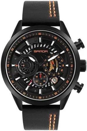 SANDA 5010P Six-Pin Cool Big Dial Waterproof Three-Eye Men Watch Leather Strap Fashion Trend Men Watch(Orange) (Orange)