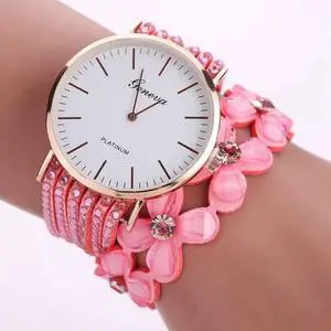 Women Round Dial Flower Diamond Studs Bracelet Watch (Pink)