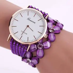 Women Round Dial Flower Diamond Studs Bracelet Watch (Purple)