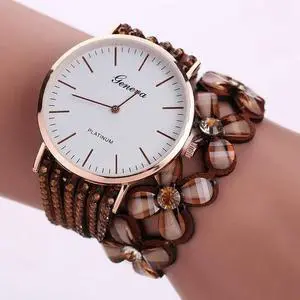 Women Round Dial Flower Diamond Studs Bracelet Watch (Coffee)