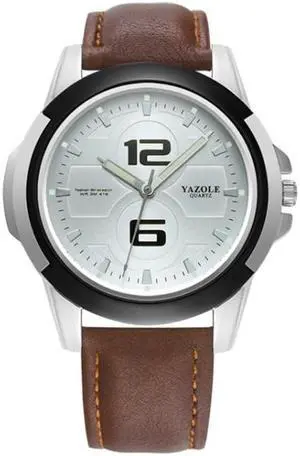 YAZOLE 418 Sports Watch Casual Fashion Luminous Men Quartz Watch (White Tray Dark Brown Belt)