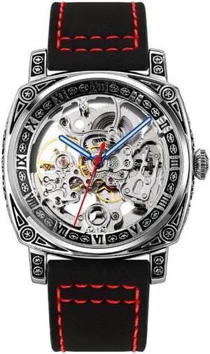 SKMEI 9271 Stainless Steel Buckle Leather Strap Waterproof Mechanical Watch (Red)