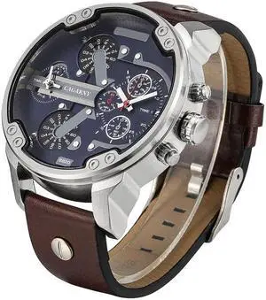 CAGARNY 6820 Fashionable Multifunctional Style Quartz Business Sport Wrist Watch with Leather Band & GMT Time & Calendar & Luminous Display for Men (Brown)