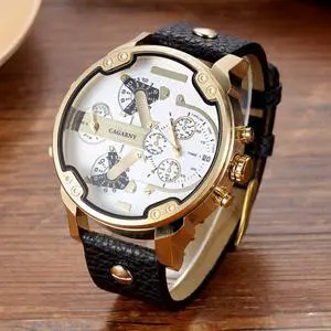 CAGARNY 6820 Round Large Dial Leather Band Quartz Dual Movement Watch For Men (Gold White Surface Black Eye Black Band)