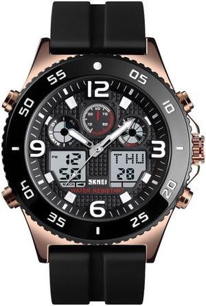 SKMEI 1538 Multi-Function Time Large Dial Steel Belt Men  Casual Sports Electronic Watch (Rose Gold-Silicone Belt)