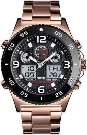 SKMEI 1538 Multi-Function Time Large Dial Steel Belt Men  Casual Sports Electronic Watch (Rose Gold-Steel Belt)