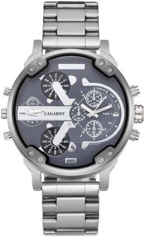 CAGARNY 6820 Fashionable Business Style Large Dial Dual Time Zone Quartz Movement Wrist Watch with Stainless Steel Band & Calendar Function for Men (Style 4)