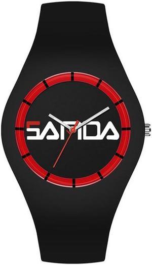 SANDA 6076 Simple Scale Round Dial Ladies Silicone Strap Quartz Watch (Black Red Horizontal Mark)