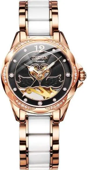 JIN SHI DUN 8831 Women Fashion Diamond Hollowed Waterproof Ceramic Mechanical Watch (Black)