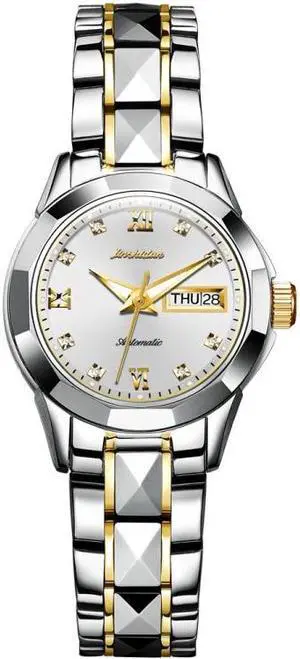 JIN SHI DUN 8813 Fashion Waterproof Luminous Automatic Mechanical Watch Women (Silver Gold White)