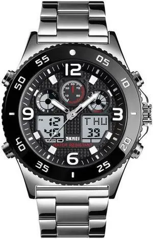 SKMEI 1538 Multi-Function Time Large Dial Steel Belt Men  Casual Sports Electronic Watch (Silver-Steel Belt)