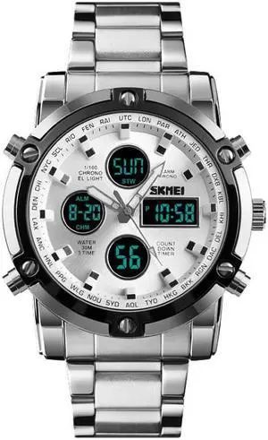 SKMEI 1389 Multifunctional Men Business Digital Watch 30m Waterproof Large Dial Wrist Watch with Stainless Steel Watchband (Silver)