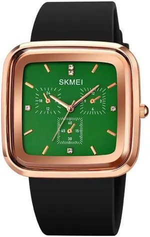 SKMEI 1902 Stainless Steel Buckle Silicone Strap Waterproof Quartz Watch (Rose Gold + Green)