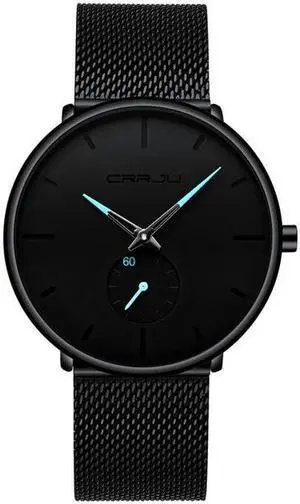 CRRJU 2150 Waterproof Round Dial Small Seconds Alloy Mesh Belt Quartz Watch for Men (Blue Pointer) Black