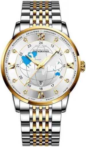 BINBOND B1117 30M Waterproof Earth Dial Butterfly Buckle Luminous Quartz Watch (Inter-gold-White)