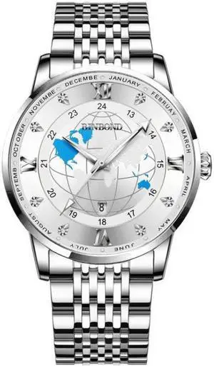 BINBOND B1117 30M Waterproof Earth Dial Butterfly Buckle Luminous Quartz Watch (White Steel-White)
