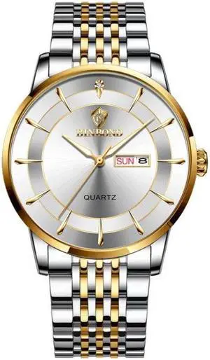 BINBOND B2077 30M Waterproof Quartz Luminous Watch Butterfly Buckle Men's Steel Belt Watch (Inter-gold-White) Gold