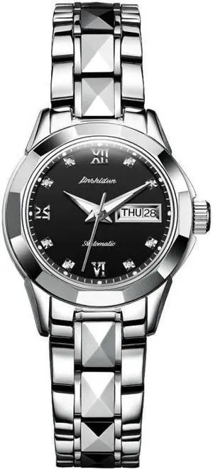 JIN SHI DUN 8813 Fashion Waterproof Luminous Automatic Mechanical Watch Women (Silver Black)
