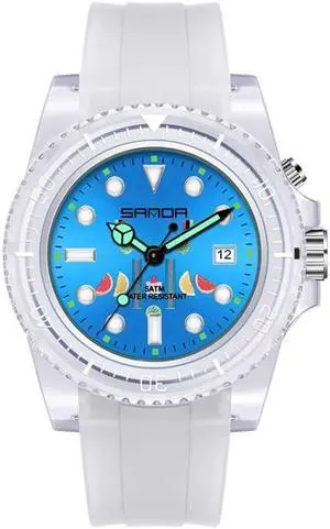 SANDA 6078 Fluorescent Calendar Dial Transparent Strap Quartz Watch for Women (Transparent White Belt Blue Surface)