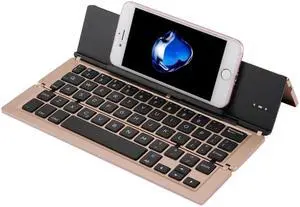 F18 Ultra-slim Rechargeable Foldable 58 Keys Bluetooth Wireless Keyboard with Holder (Gold)