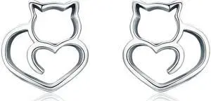 Simple Plain Silver Cat Earrings Sterling Silver Hollow Female Earrings Small Animal Silver Jewelry SCE271