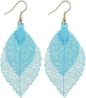 Double-layered Leaves Tassel Earrings Simple Retro Metal Leaf-ears Ornaments (Blue) Black