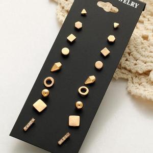 9 Pair Sets Assorted Multiple Stud Earrings Jewelry Set With Card For Women And Girls (Gold)