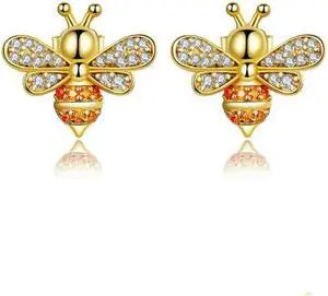 S925 Sterling Silver Earrings Golden Bee Inlaid Zircon Sterling Silver Stud Earrings SCE344-B