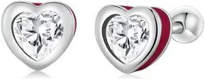S925 Sterling Silver Heart Zircon Ear Stud Women Earrings Heart Zircon(Red) (Red)