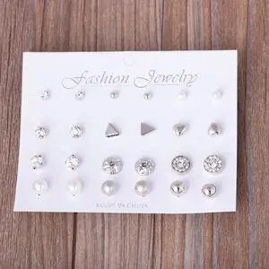 12 Pair Sets Assorted Multiple Stud Earrings Jewelry Set with Card for Women and Girls (Silver)