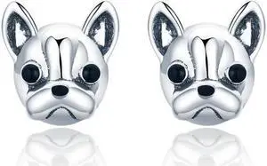 S925 Sterling Silver Animal Earrings Bulldog Plain Silver Earrings SCE283