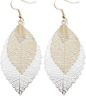 Double-layered Leaves Tassel Earrings Simple Retro Metal Leaf-ears Ornaments (Gold Silver)